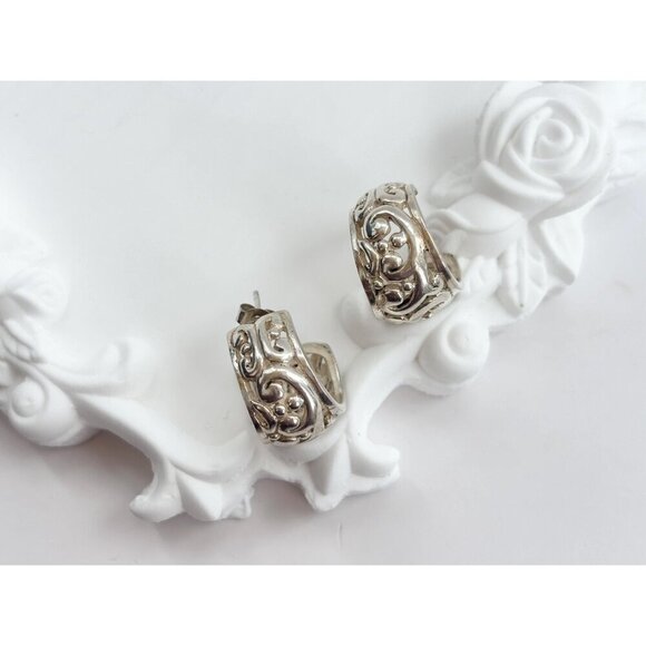 Filigree Style Sterling Silver Chunky Vintage Victorian Little Hoop Earrings - Picture 6 of 10